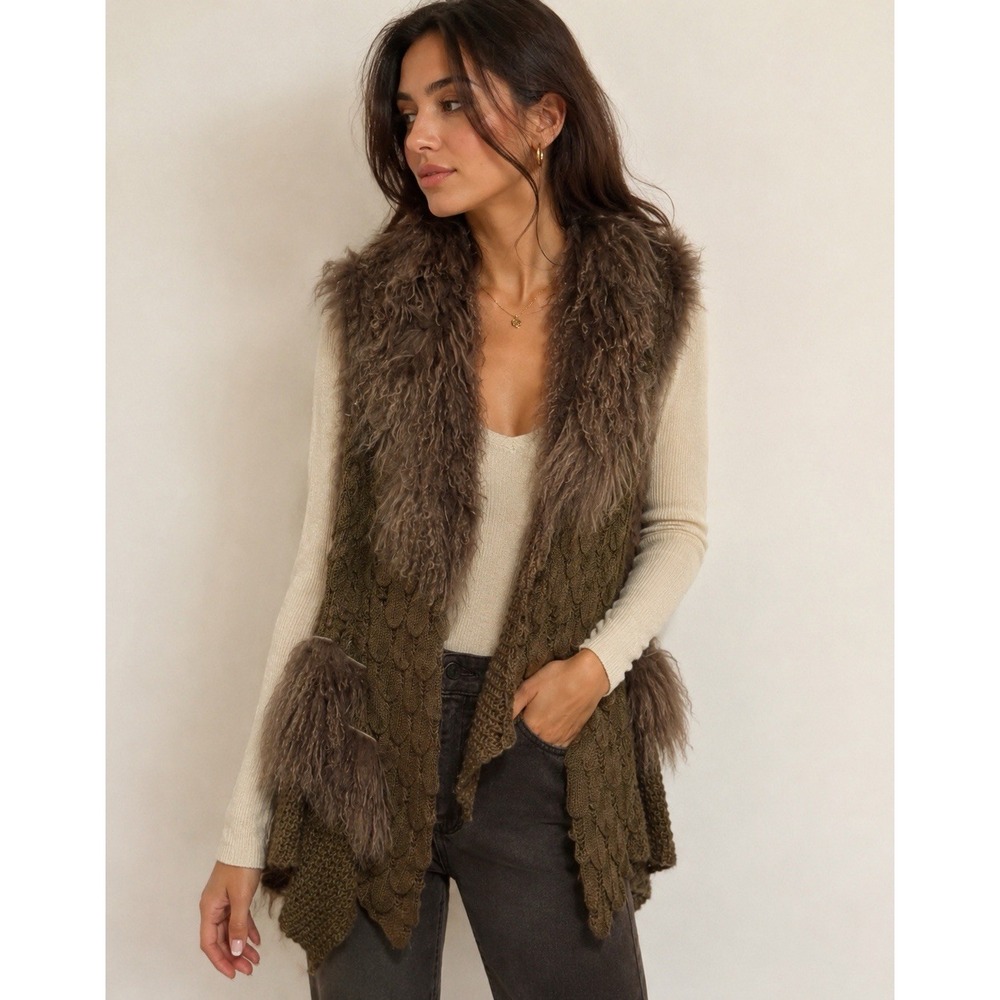 Women's Fur Knit Vest Brown Sleeveless Rabbit, Wool Size (P-to-P 15in, L 29in)